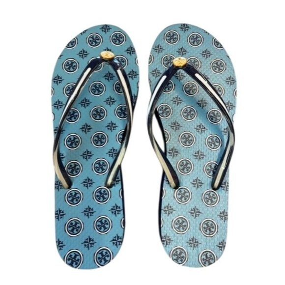 Tory Burch Blue Logo Flip Flops Womens Size 8 Rubber Sole Beach Sandals - Picture 1 of 3